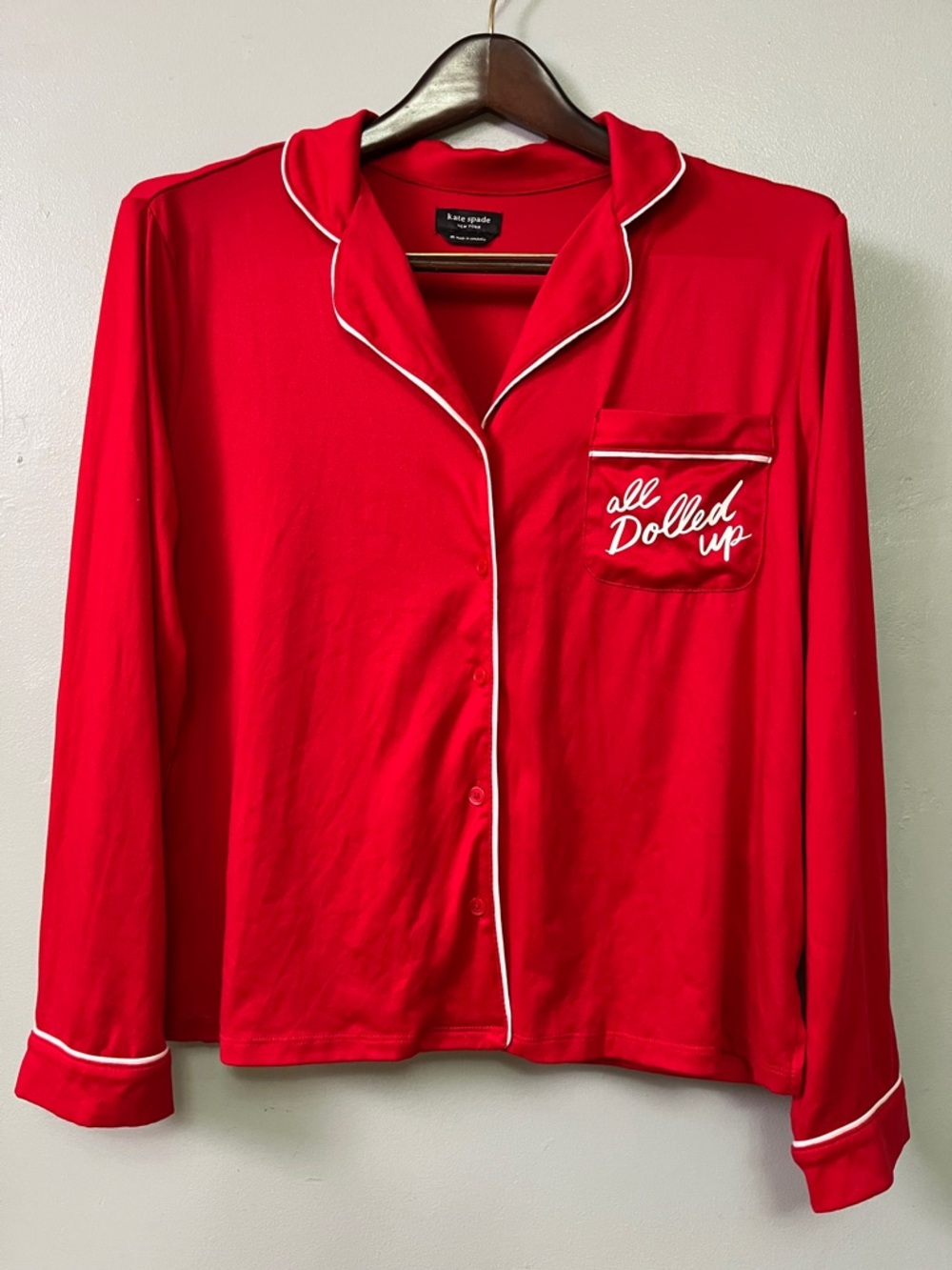 kate spade Red Long-Sleeve 'All Dolled Up' Pajama Top with White Piping